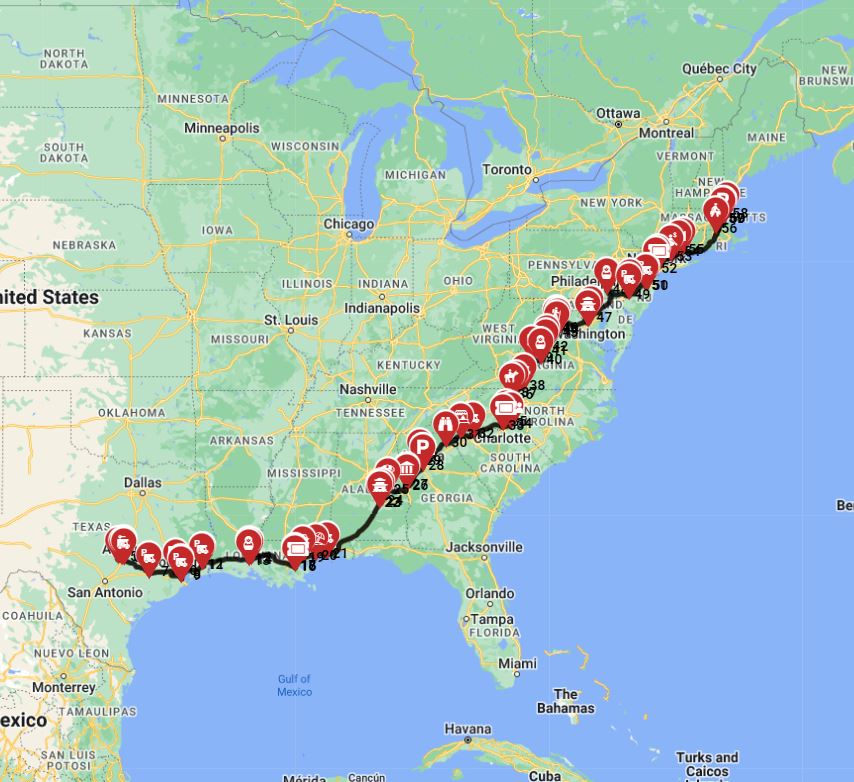 Map for Austin to Boston